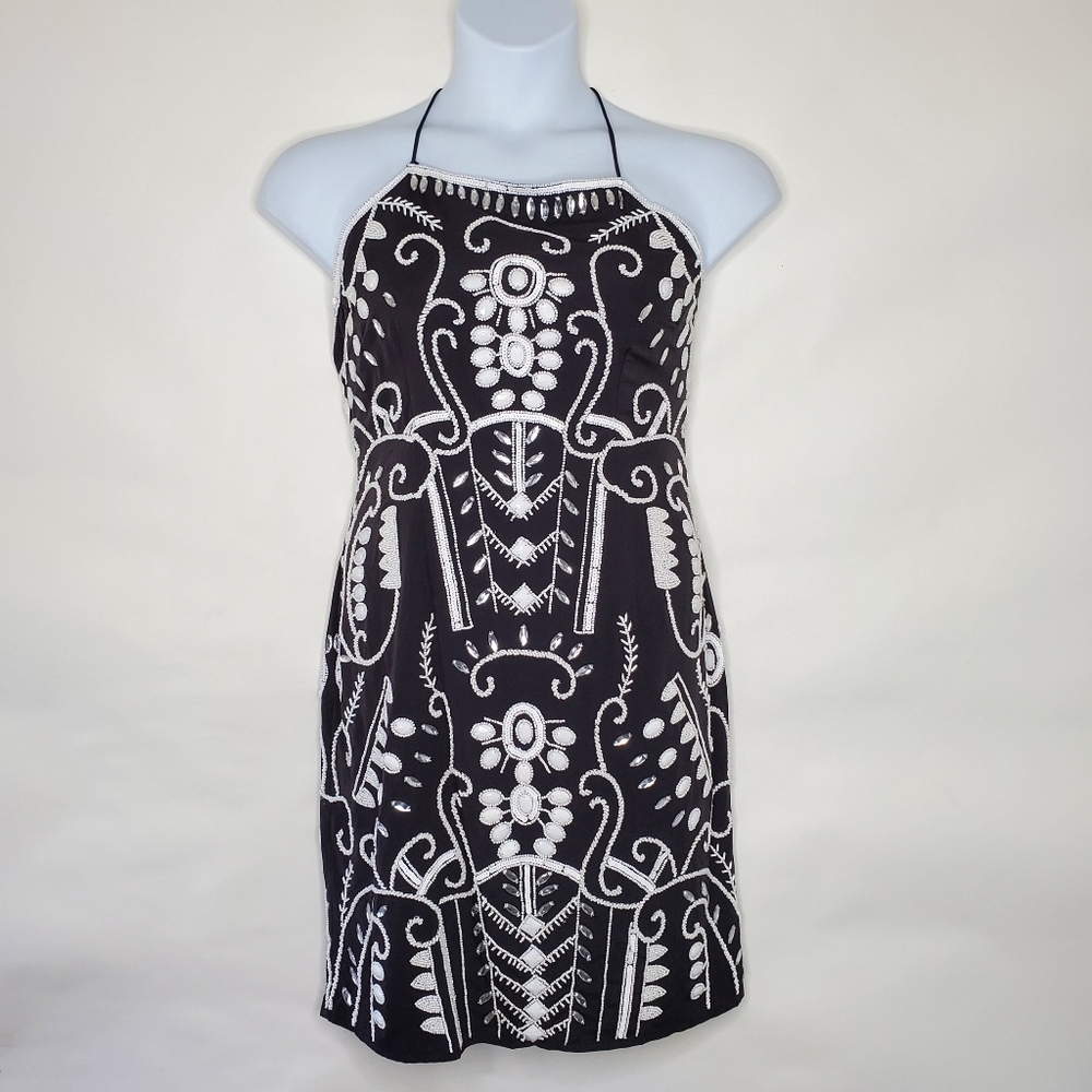 Venus Beaded Sequin Mini Dress Size 16 Black White Strappy Open Back Evening NEW